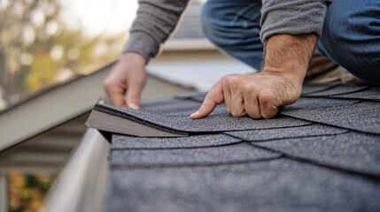 Roofing worker inspecting roof flashing for potential leaks. Featuring leak prevention and careful inspection