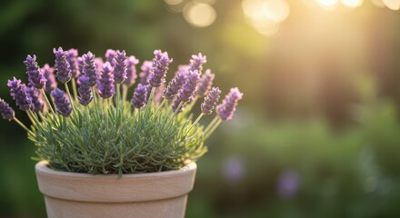 Obraz premium lavender plant in terracotta pot illuminated by warm sunlight, creating serene garden atmosphere. perfect representation of tranquility, nature, and horticulture in outdoor setting