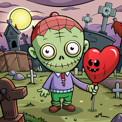 Cute baby zombie holding a heart balloon in a spooky graveyard – fun cartoon vector illustration for Halloween or horror themes.