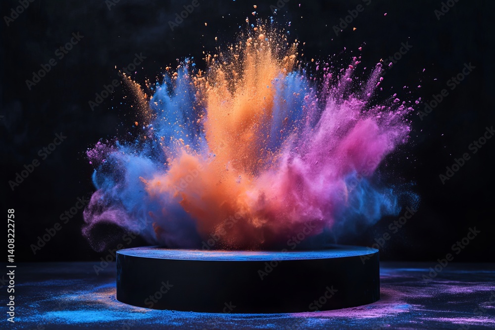 Poster explosion of vibrant colors on a dark platform creating a dynamic and captivating visual display