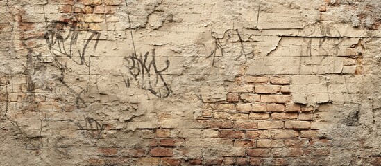 Obraz premium Weathered white brick wall with black graffiti. Used for urban decay documentation, street art studies, or gritty photography backdrops. 
