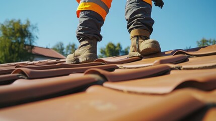 Roofing worker inspecting roof tiles after a storm. Featuring safety checks and tile inspection