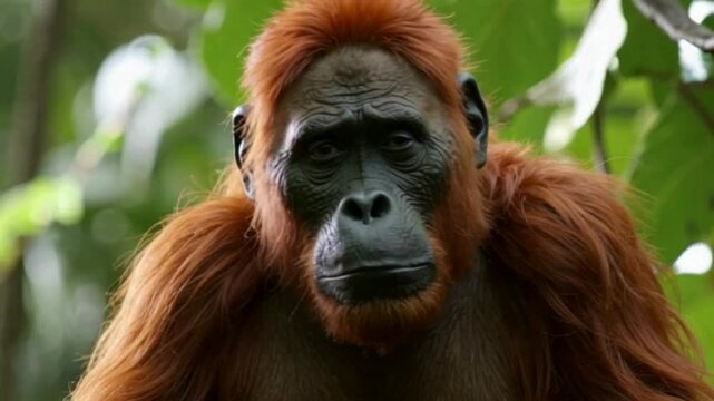 Endangered sumatran orangutan pongo abelii in rainforest threatened by palm oil deforestation