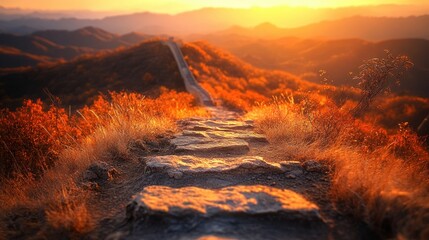 Golden path on the Great Wall at sunset. Autumn colors illuminate ancient stone steps leading into a hazy mountain range bathed in warm sunlight