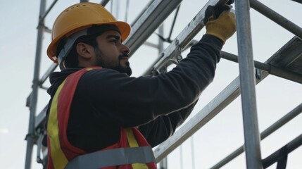 Hispanic scaffolder adjusting the scaffolding frame for safety. Featuring safety and precision