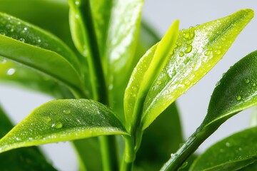 fresh green leaves with water droplets create a vibrant and refreshing natural composition, emphasizing growth and vitality. ideal for eco-friendly and wellness designs