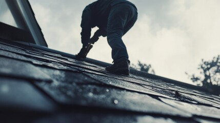 Roofing worker inspecting the roof after a heavy rainstorm. Featuring careful assessment and restoration