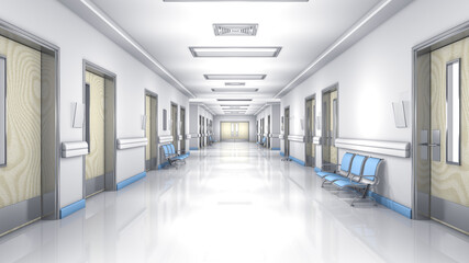 Empty hospital with lights on. Clean corridor with wooden doors, chairs, with no people. 3d rendering.