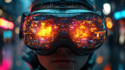 Person experiences psychological isolation in a dark room filled with neon lights and distorted virtual reality in the year 2100