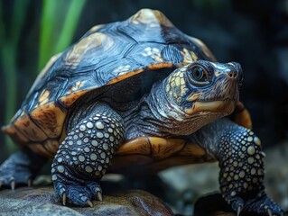 Obraz premium A detailed close-up shot of a vibrant turtle, displaying intricate patterns on its shell and spotted legs against a blurred green background.