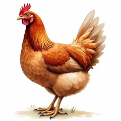 Fototapeta premium Watercolor illustration of brown hen. Realistic painting of chicken with detailed feathers, red crest, beak. Standing on ground. Isolated on white background. Ideal for farm, food, agriculture topics.