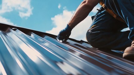 Roofing worker installing metal roofing sheets. Featuring roof installation and weatherproofing