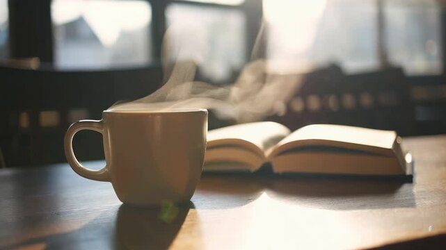 Steaming mug of hot coffee or tea beside an open book on a wooden table. Quiet, relaxing scene for reading or study break. Sunlight creates cozy atmosphere.