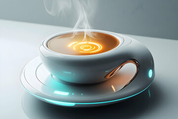 Futuristic coffee cup with glowing interior and teal-lit base.