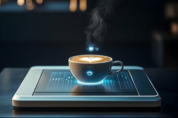 Futuristic coffee cup rests on a digital tablet.
