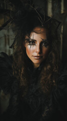 Fototapeta premium fashion-inspired horror shoot, possessed woman with tangled dark brown hair styled in avant-garde form