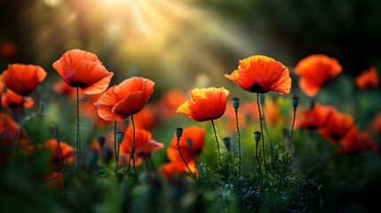 Obraz premium A vibrant poppy field surrounded by lush greenery, with sunlight shining through the petals, creating a soft and glowing effect on the flowers.