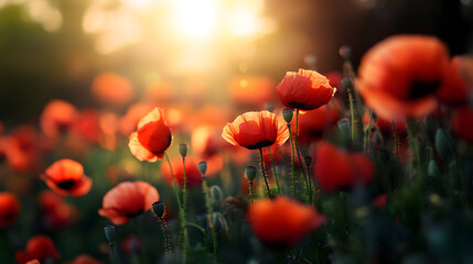 Fototapeta premium A vibrant poppy field surrounded by lush greenery, with sunlight shining through the petals, creating a soft and glowing effect on the flowers.
