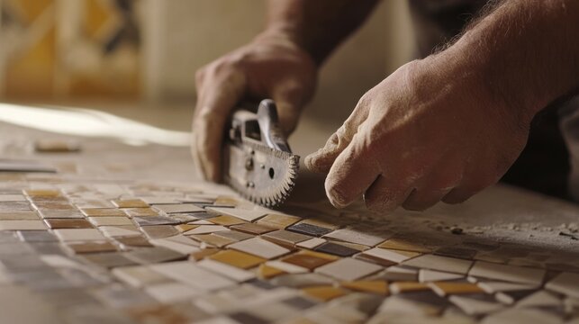 Hispanic tile setter cutting mosaic tiles for a bathroom backsplash. Featuring craftsmanship and attention to detail