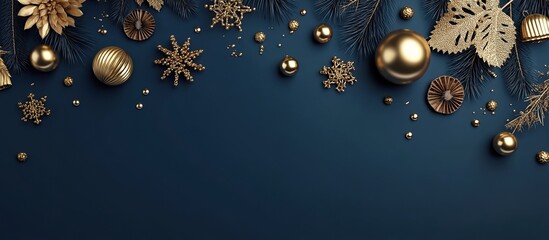 Deep blue background with golden Christmas ornaments and pine branches. Ideal for holiday cards or festive marketing, symbolizing warmth and joy.