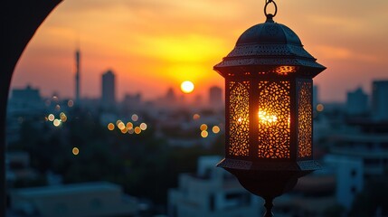 Sunset lantern over cityscape