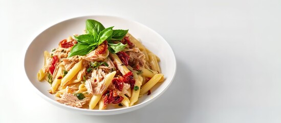 A bowl of pasta with shredded chicken, sun-dried tomatoes, and basil, symbolizing fresh Italian cuisine. Ideal for food blogs, recipe platforms, or culinary marketing.