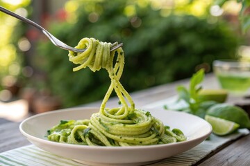 Elegant avocado pasta twirled on a fork against a sunny garden backdrop