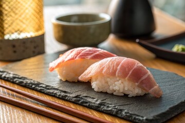 Otoro fatty tuna sushi served on slate plate in upscale dining setting with wooden table