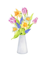 Bouquet of spring flowers in a vase: tulips, daffodils, muscari. Watercolor design element for cards, invitations etc. Spring, Mother's Day, Wedding, Women's Day, Birthday. Hand drawn illustration.

