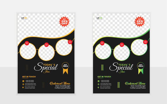 Modern creative a4 size resturant food flyer menu card design template layout with elliptical black green and orange shape