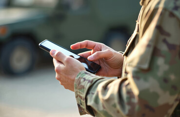 Soldier uses smartphone for texting. Army officer types SMS message. Modern tech comms, military connection, cyberspace. Contact with family, friends, report. Soldier life, army service, online