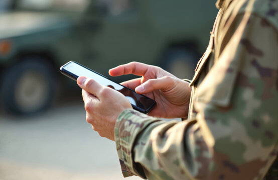 Soldier uses smartphone for texting. Army officer types SMS message. Modern tech comms, military connection, cyberspace. Contact with family, friends, report. Soldier life, army service, online