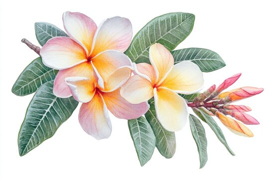 Watercolor painting of frangipani flowers with leaves and buds on a white background art illustration