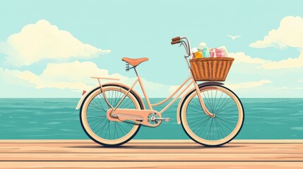 Fototapeta premium A Beach Cruiser Bicycle With Basket on a Wooden Deck