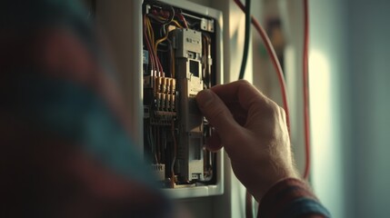 Electrician installing a new fuse box in a house. Featuring focus and expertise