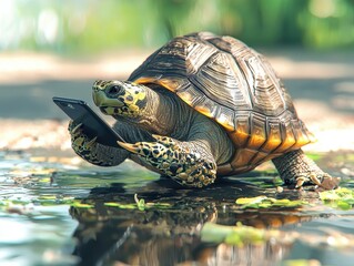 Turtle using mobile device in nature. Slow progress, but staying connected. Wildlife embracing tech in a humorous scene.