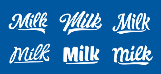 Vector milk hand lettering. White word milk on a blue background for label and packaging design