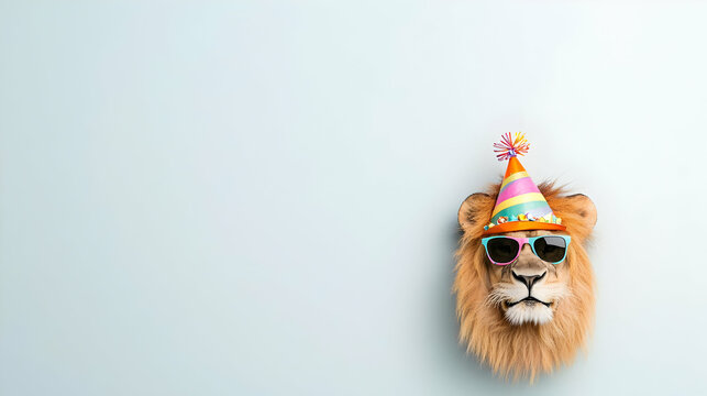 Lion Head Wearing Sunglasses and Party Hat Against Pastel Blue Background