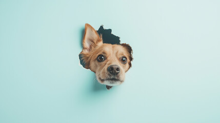 funny dog head peeking through blue wall hole.