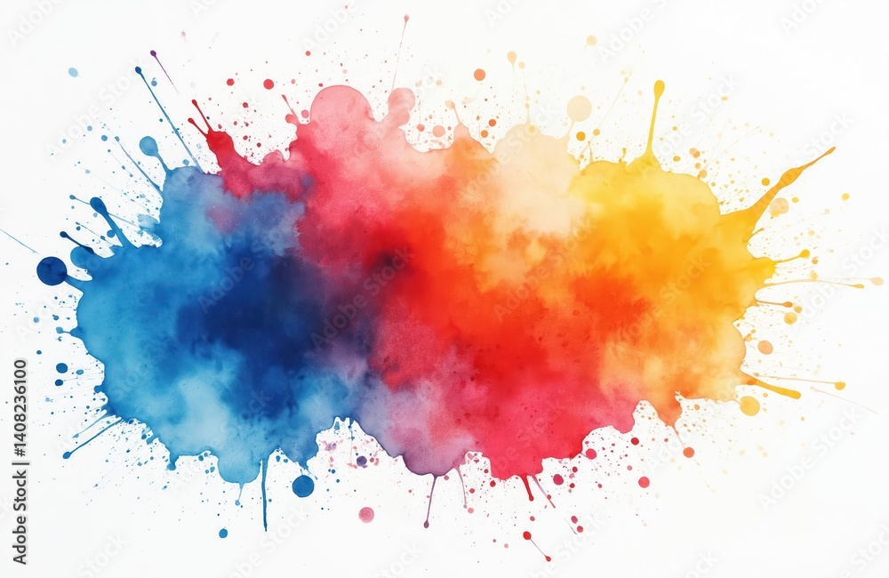 Poster abstract watercolor splash vibrant color mix on white. blue red orange yellow pink hues in dynamic a