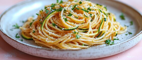 Delicious vegan spaghetti with zucchini noodles and fresh herbs twirled on a fork