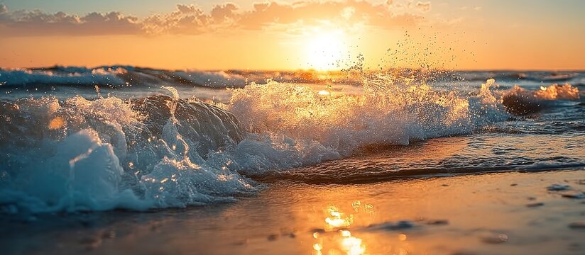 Sunset seascape with crashing waves, symbolizing natural cycles. Ideal for travel posters, meditation content, or environmental campaigns.