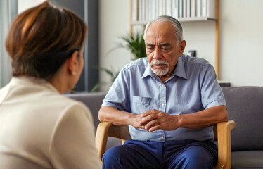 Senior man expressing emotions during therapy session, representing emotional support and mental wellbeing in elderly care