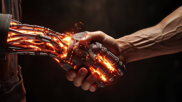 Close-up: Powerful handshake between human and advanced cyborg arm emitting energy.Man and robot handshake symbolizing future technology, AI partnership, and connection.