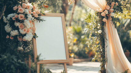 Wedding board with blank canvas surrounded by flowers and drapery outdoors. Perfect for weddings, events or decor concepts