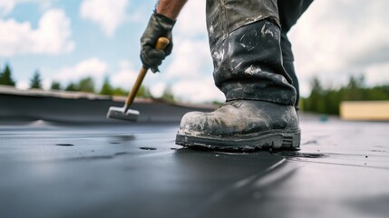 Roofing worker repairing a flat roof using specialized equipment. Featuring skill and safety