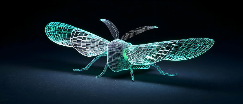 A Pixelated Turquoise Insect With Glowing Wings On A Dark Background Digital Art