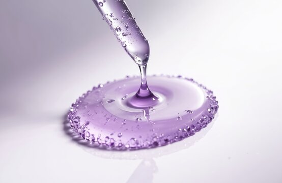 Macro of transparent bakuchiol serum texture with pipette. Dripping cosmetic product, purple gel with bubbles. Serum is antioxidant, moisturiser for face, skin. Skincare product for cosmetic industry.