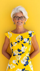 Smiling elegant senior woman in floral yellow dress standing on bright yellow background, vibrant summer fashion and confidence concept