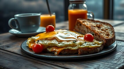 Classic Breakfast Omelet with Toast and Tomatoes &ndash; Morning Caf&eacute; Setting